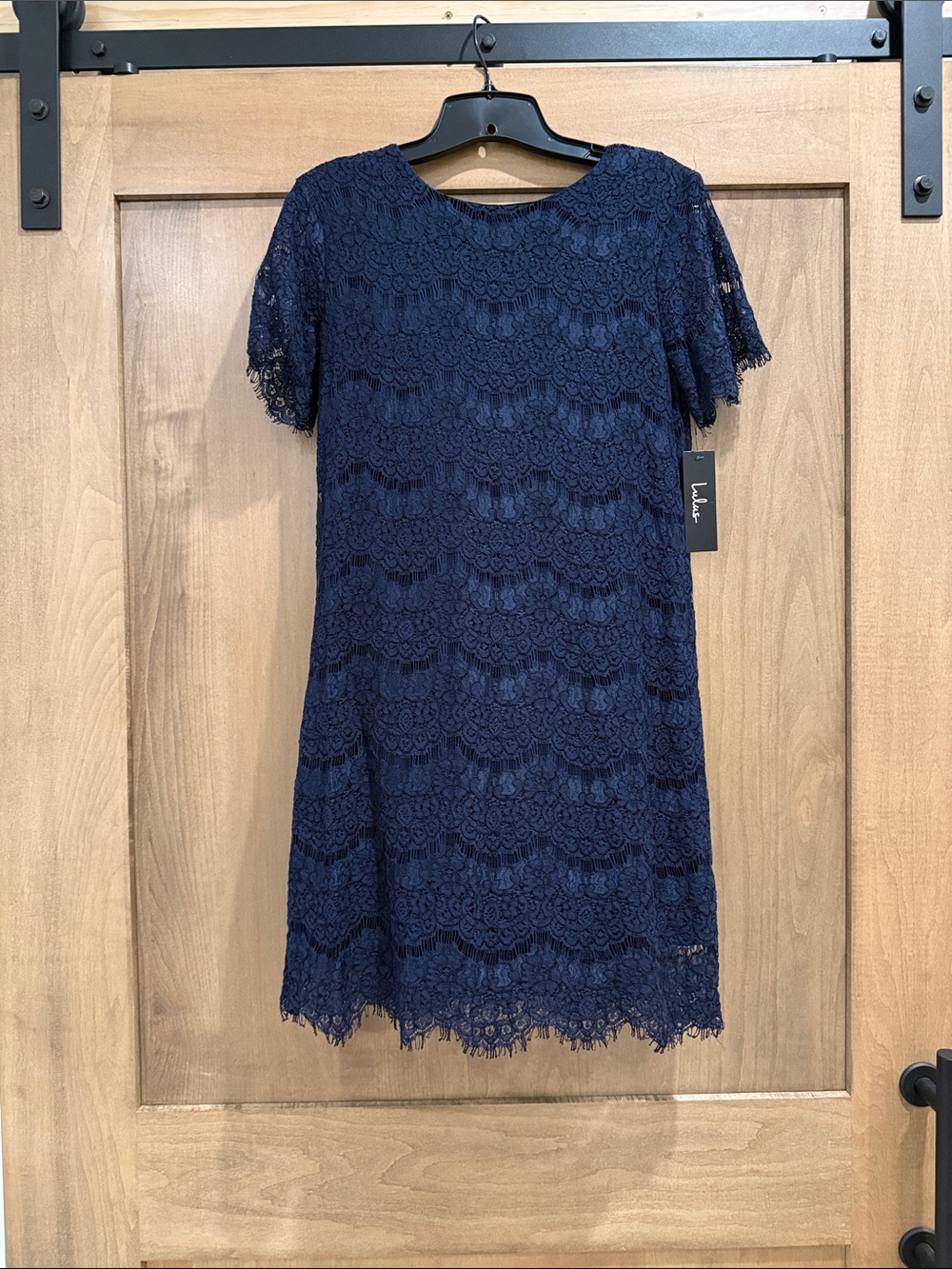 Lulu's Navy Scalloped Lace Short Sleeve Dress